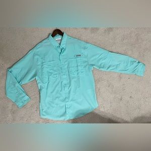 Columbia PFG 100% Polyester Button Front Shirt Men's Large Solid Teal Fishing